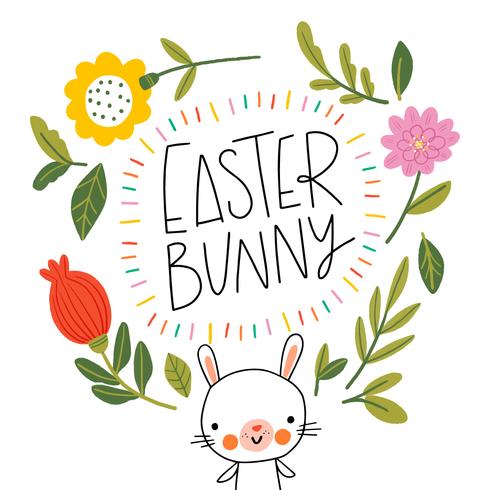 Happy Easter Bunny glimlachend met bloemen, bladeren en belettering vector