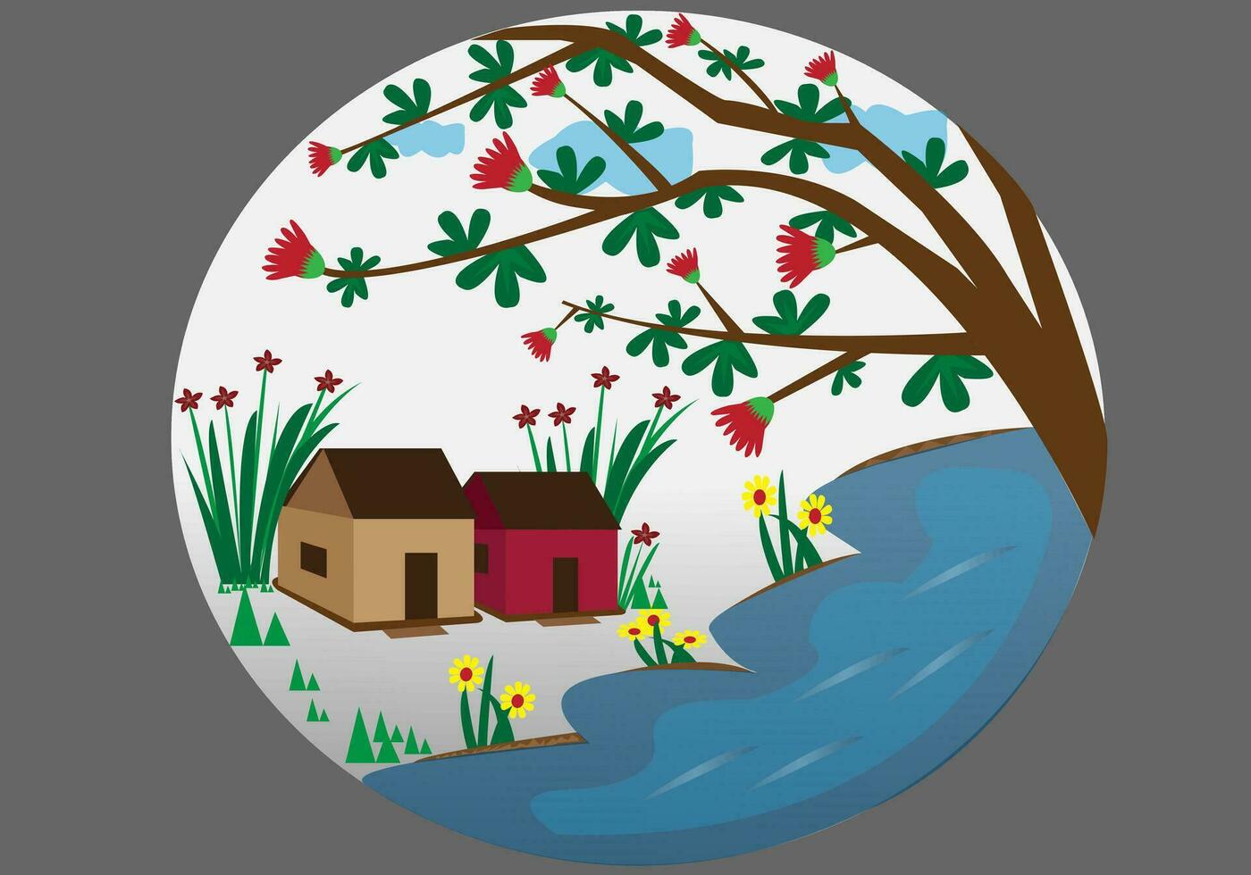 dorp natuur tafereel boom, bloem met huis vector illustratie logo ontwerp sjabloon