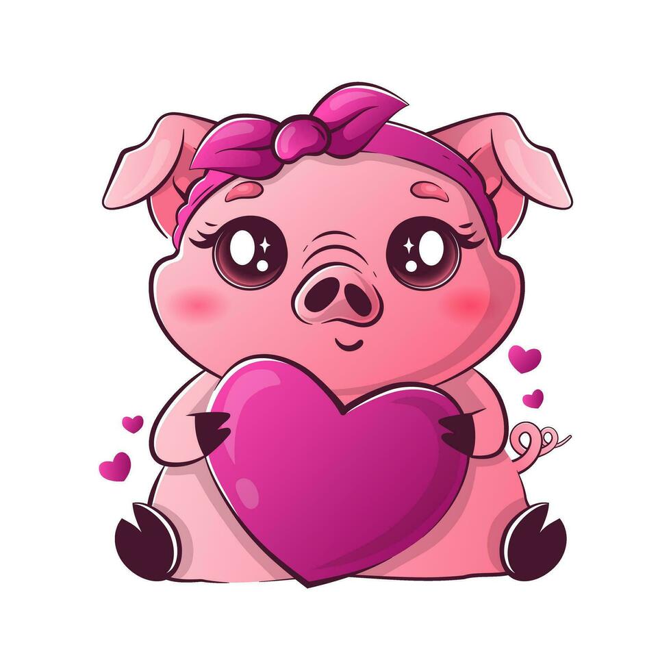 kawaii varken Holding een groot hart. schattig dieren voor Valentijnsdag dag. vector