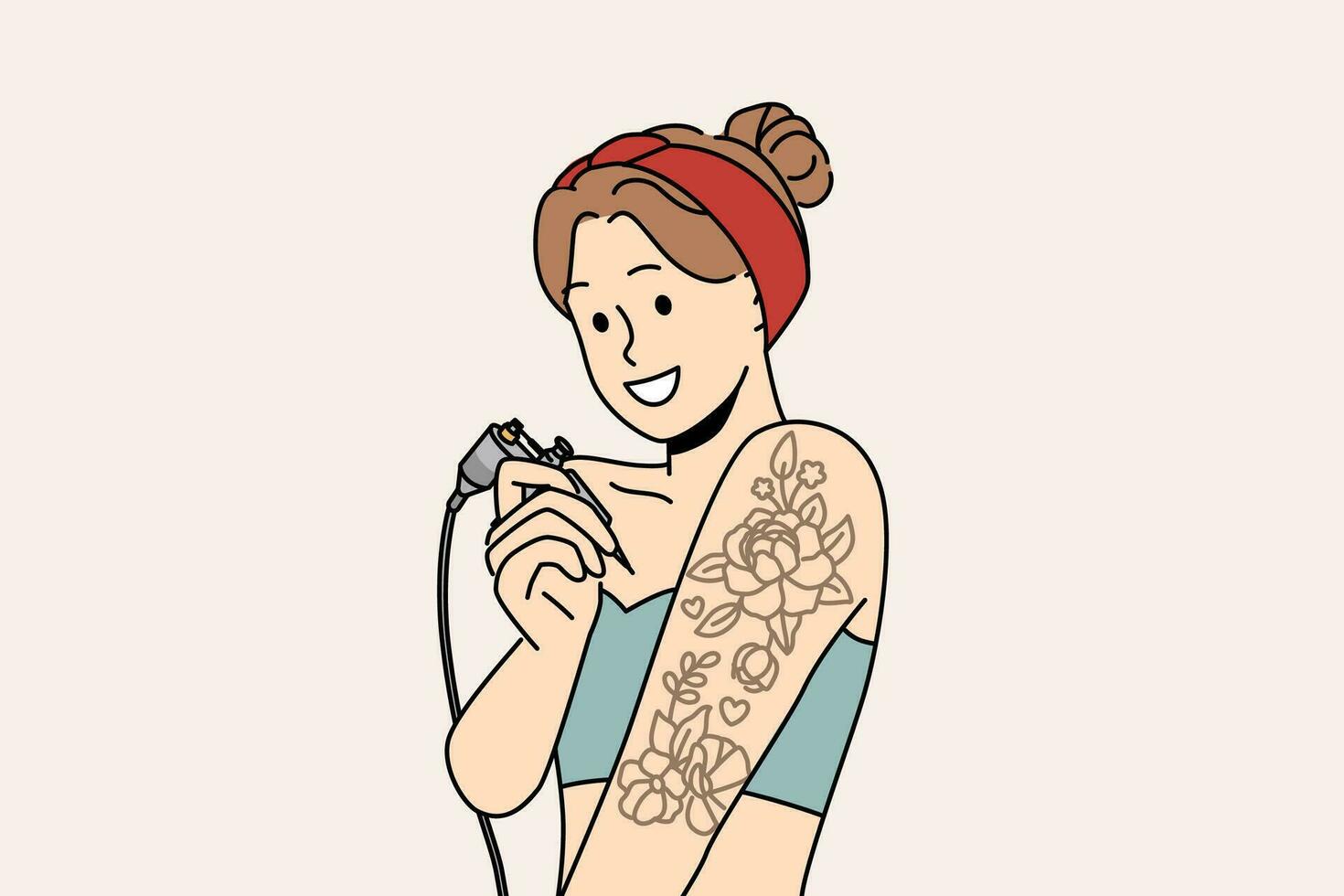 vrouw tatoeages hand- Aan eigen en glimlacht, aanbieden naar gebruik Diensten van professioneel tatoeëren artiest. jong meisje werken in tatoeëren salon houdt uitrusting voor tekening afbeelding onder huid met naald. vector