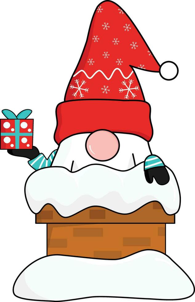 schattig gnoom in rood sneeuwvlokken de kerstman clausule hoed tonen omhoog van met sneeuw bedekt bakstenen schoorsteen Holding geschenk doos. groet en vieren Kerstmis en nieuw jaar. vector