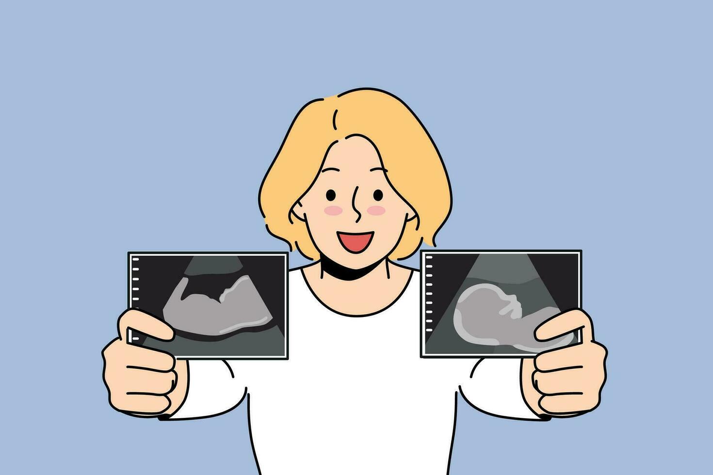 zwanger vrouw pronkt van echografie afbeeldingen van baby in baarmoeder van toekomst moeder in prenataal periode. zwanger blond meisje glimlacht en bereidt zich voor naar worden mam en geven geboorte naar gezond pasgeboren vector