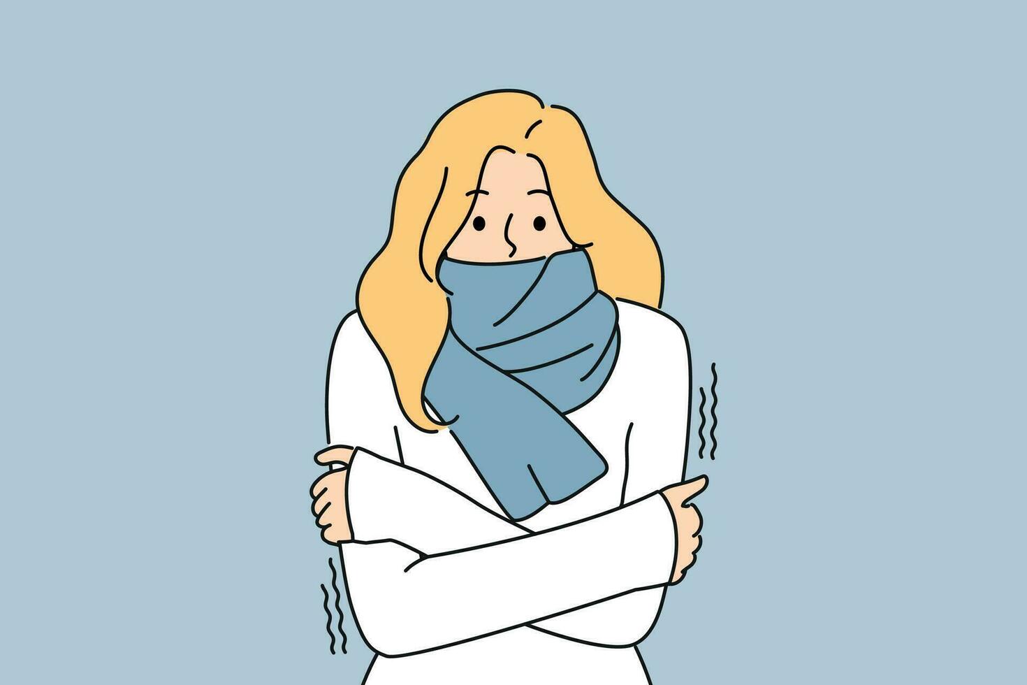 bevriezing vrouw met sjaal in de omgeving van nek is rillingen van verkoudheid en behoeften warm kleren of klimaat apparatuur. bevriezing meisje lijdt van plotseling verandering in temperatuur en begin van winter vector