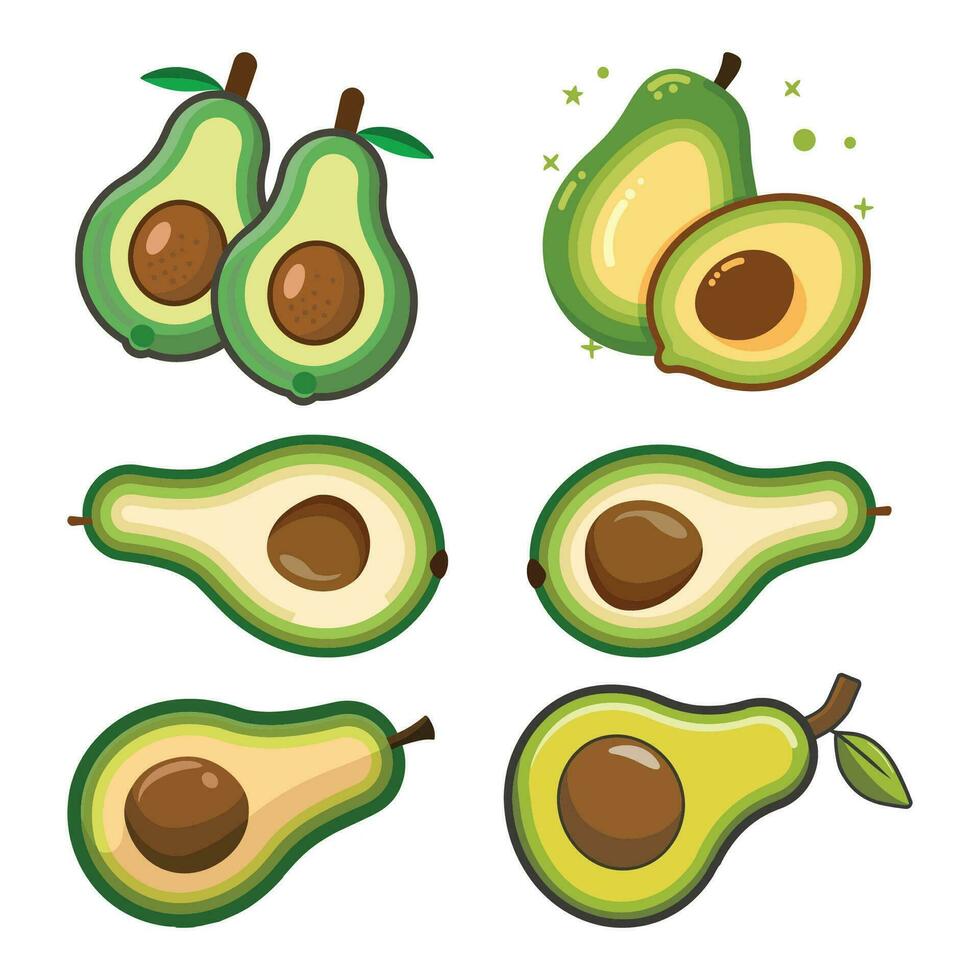 avocado vector, reeks van vers geheel, voor de helft, besnoeiing plak en bladeren avocado geïsoleerd Aan wit achtergrond. zomer fruit voor gezond levensstijl. biologisch fruit. tekenfilm stijl. vector