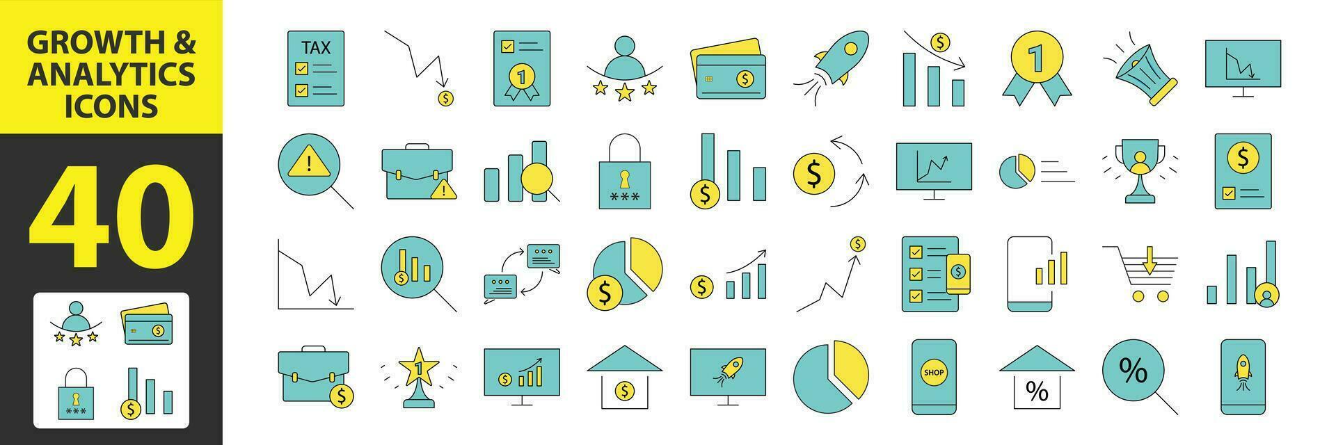 reeks van 40 groei en analytics web pictogrammen. gevulde pictogrammen zo net zo instelling stromen koppel, percentage, omzet, onderhoud, diagram taart, conferentie, binden, circulaire grafiek. vector illustratie