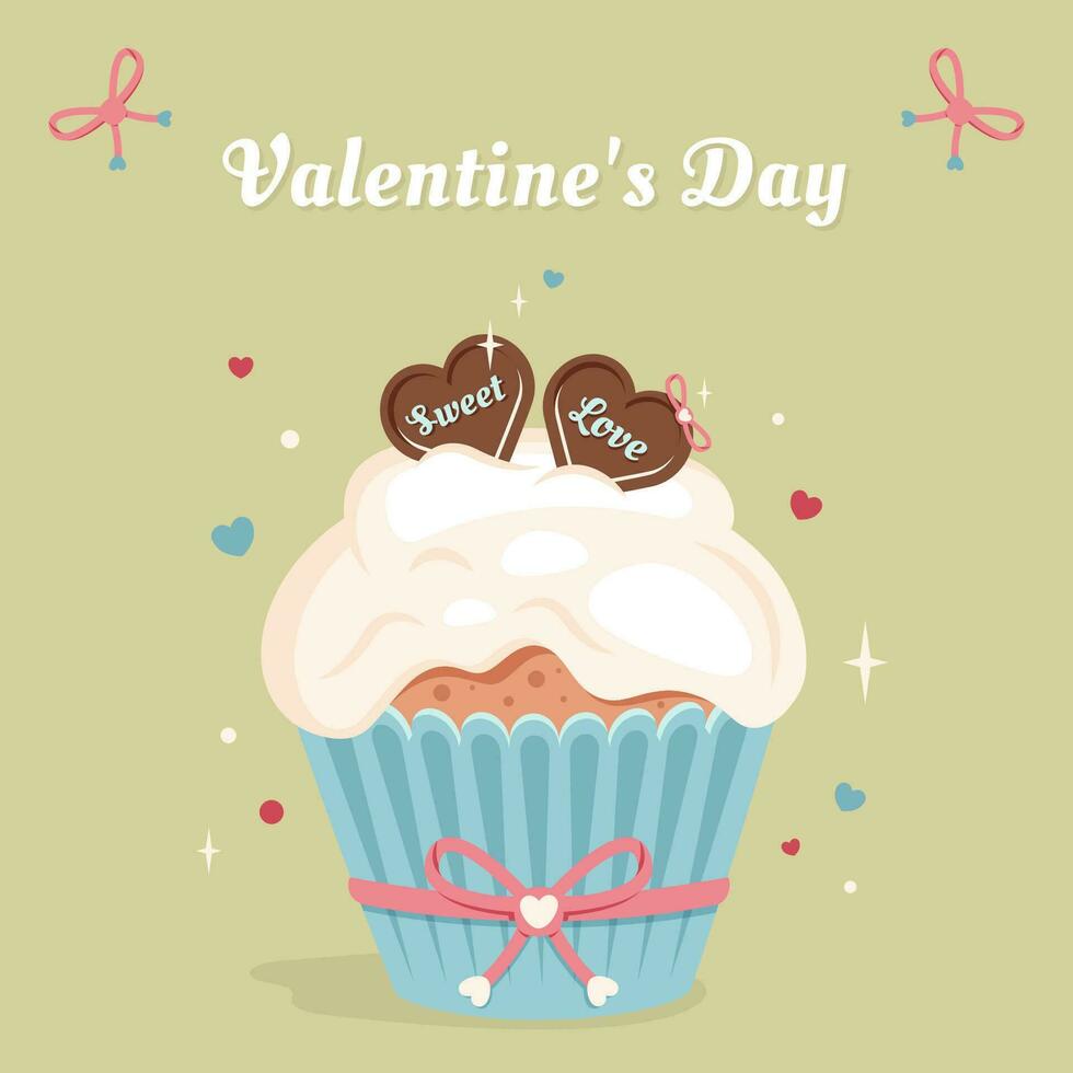 gelukkig Valentijnsdag dag kaart. smakelijk koekje met vanille glazuur. zoet muffin met heerlijk boter room, hart vormig chocolaatjes. feestelijk banier met groet tekst, bogen, lintje. vector illustratie