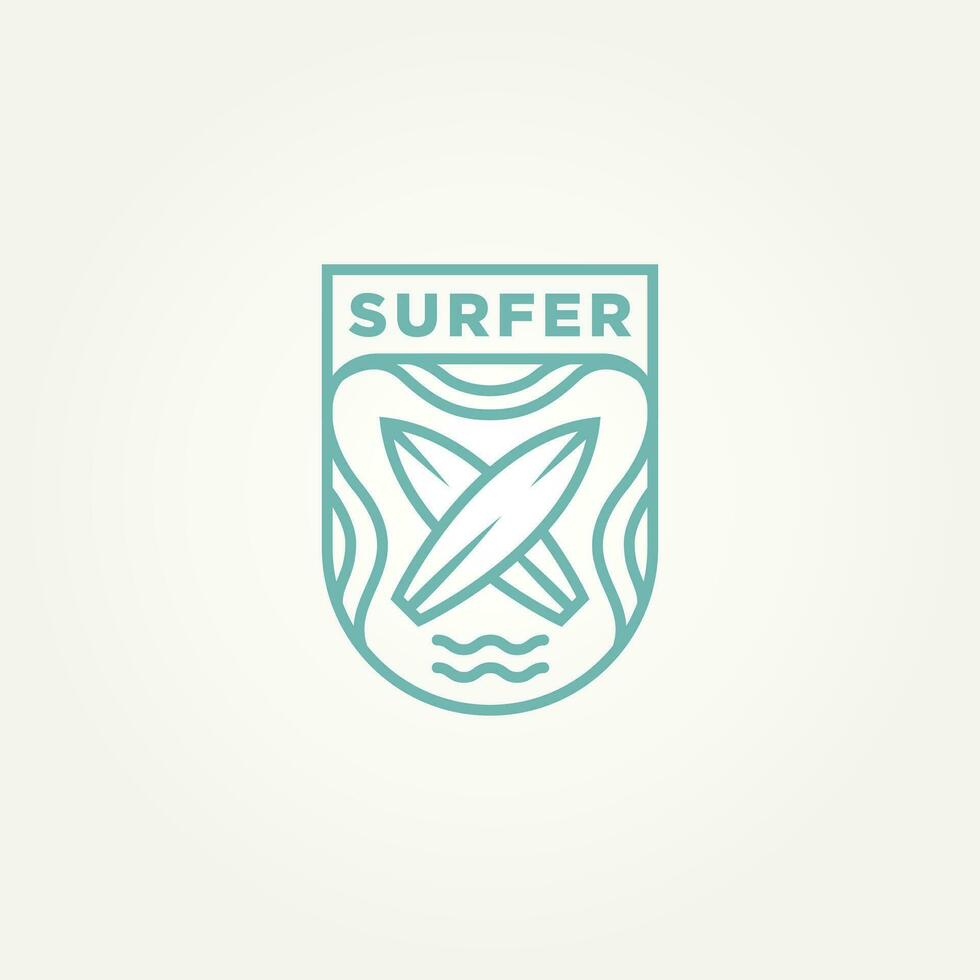 surfing minimalistische lijn kunst insigne logo sjabloon vector illustratie ontwerp. gemakkelijk modern surfer, water sport, surfboard embleem logo concept