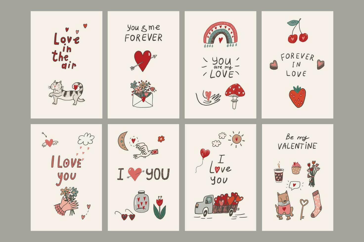 Valentijnsdag dag liefde tekening voorwerpen ansichtkaarten illustraties set. vector