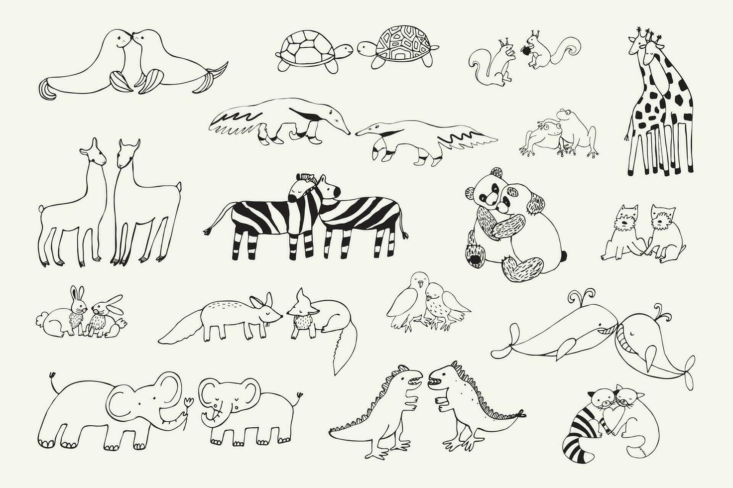 dieren paren in liefde tekening voorwerpen lijn illustraties set. vector