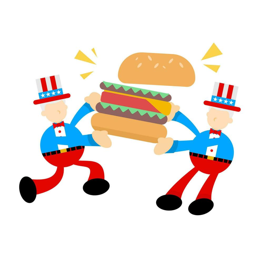 oom Sam Amerika en eten hamburger snel voedsel tekenfilm tekening vlak ontwerp stijl vector illustratie