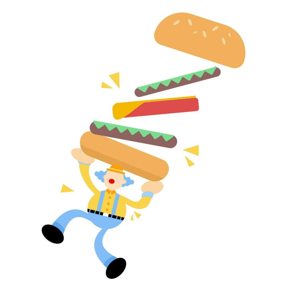 gelukkig geel clown en eten hamburger snel voedsel tekenfilm tekening vlak ontwerp stijl vector illustratie