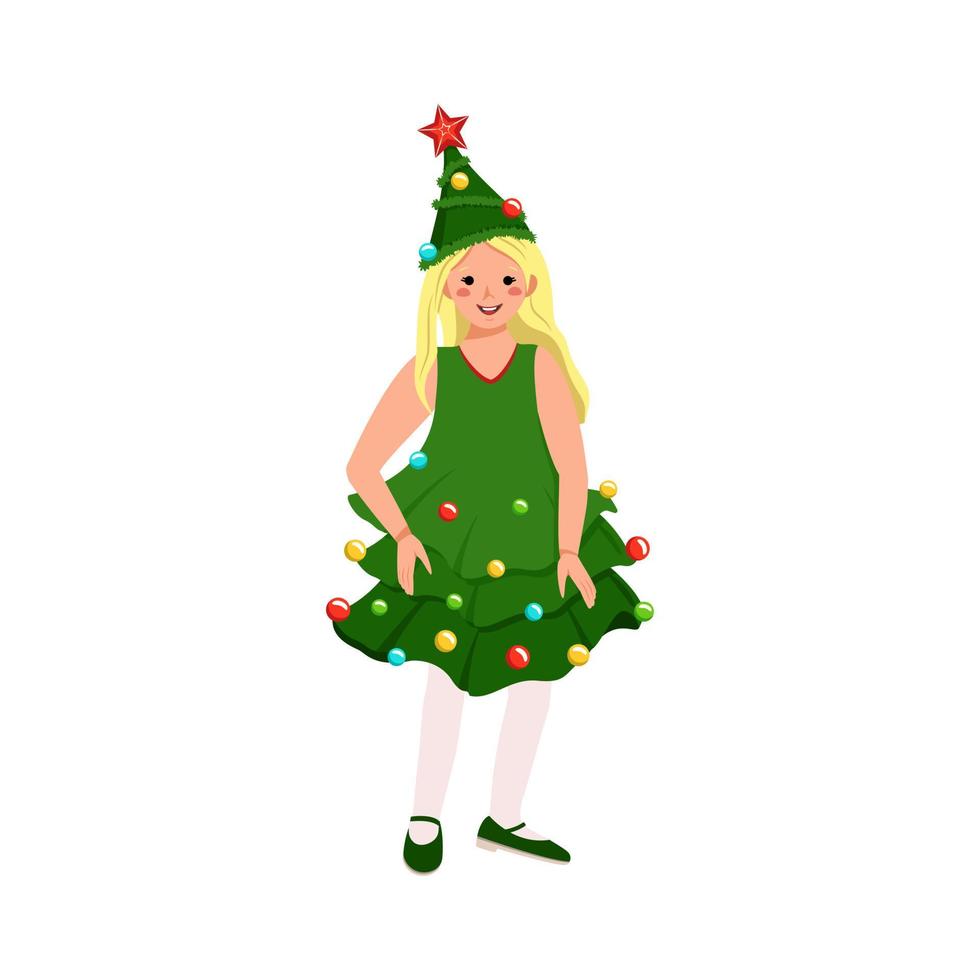 meisje in carnaval kostuum van kerstboom. feestelijke maskeradekleding met rode ster en slinger voor theater, nieuwjaar, kerstmis en vakantie. kind met een vrolijk gezicht en blije emoties vector