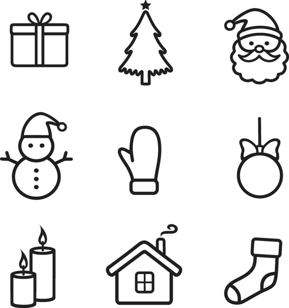 Kerstmis ontwerp elementen lijn icoon. bal met boog, Spar boom, geschenk doos, kaars, de kerstman claus, want, sneeuwman, sok, huis. vakantie accessoires set. gelukkig nieuw jaar vector illustratie.