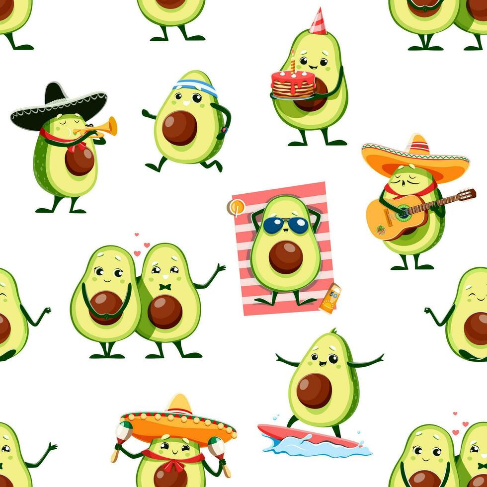 tekenfilm kawaii avocado tekens naadloos patroon vector