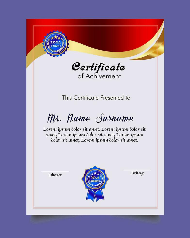 certificaat van prestatie sjabloon reeks met goud insigne en grens, waardering en prestatie certificaat sjabloon ontwerp. elegant diploma certificaat sjabloon vector