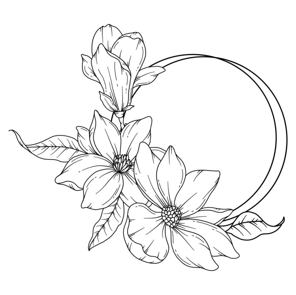 magnolia lijn tekening. zwart en wit bloemen kozijnen. bloemen lijn kunst. prima lijn magnolia illustratie. hand- getrokken schets bloemen. botanisch kleur bladzijde. bruiloft uitnodiging bloemen vector