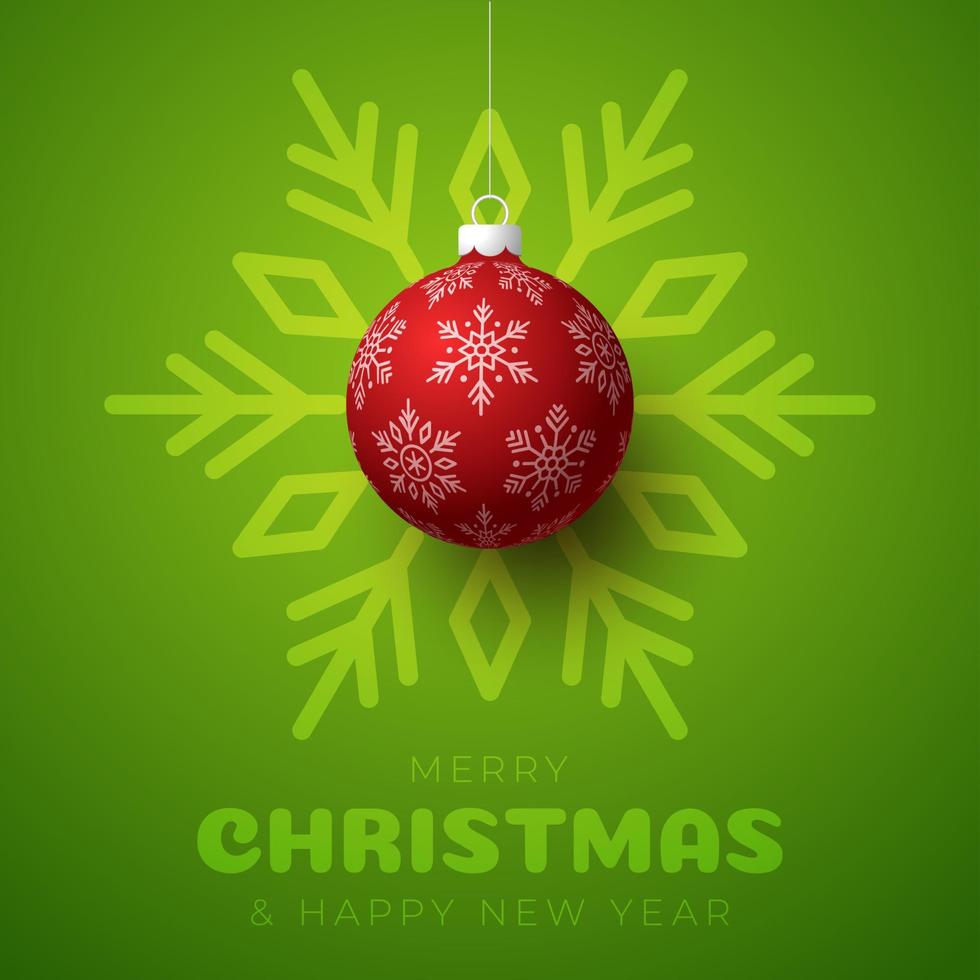 prettige kerstdagen en gelukkig nieuwjaar banner. vectorillustratiekaart met rode kerstboombal op luxe sneeuwvlok groene achtergrond met moderne belettering vector