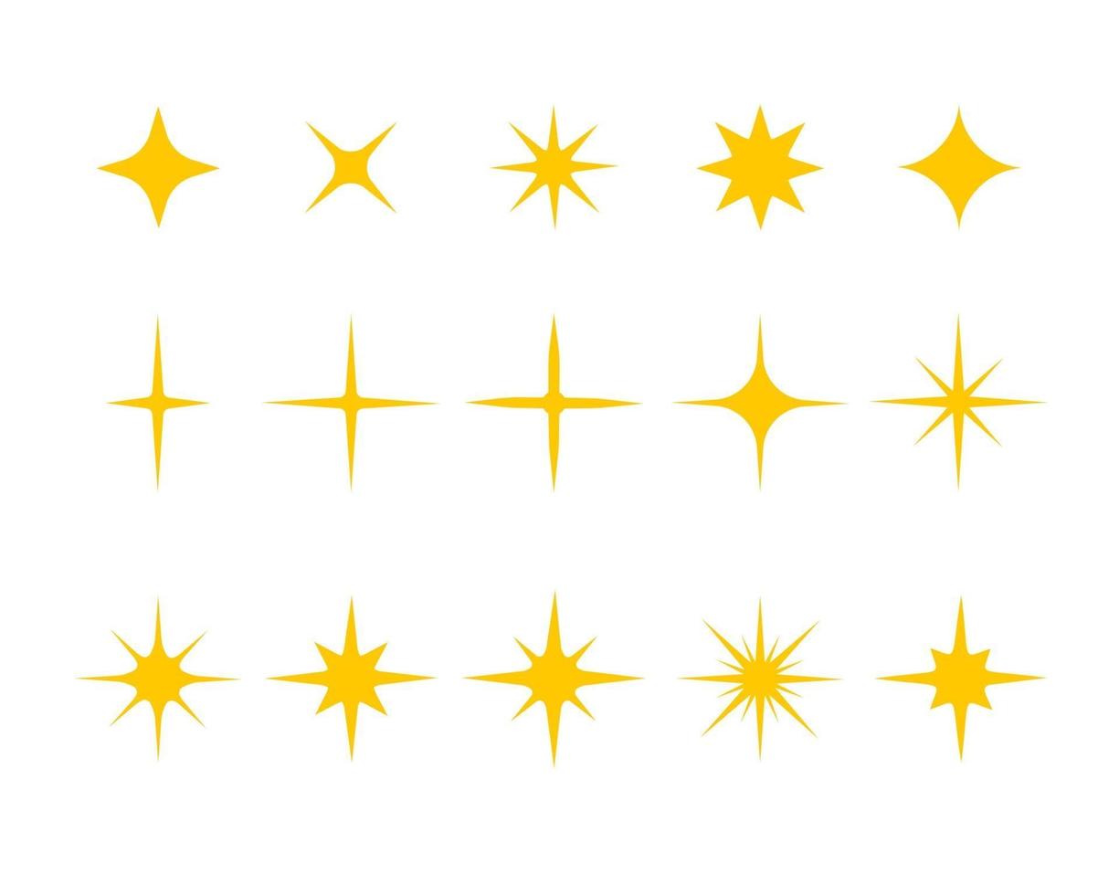 set van goud, gele sterren schittert en fonkelt icoon. heldere flits, verblindend licht, glanzende gloedeffectcollectie vector