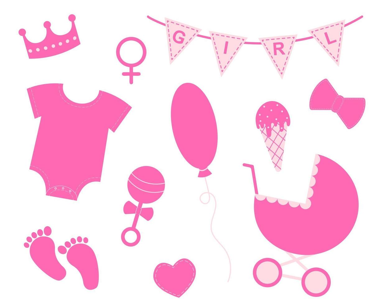 baby douche setje. elementen voor wenskaarten en uitnodigingen. roze gors met tekst meisje, kroon, bodysuit, slabbetje, voetafdruk, kinderwagen, rammelaar, boog, ballon, ijsje, hart vector