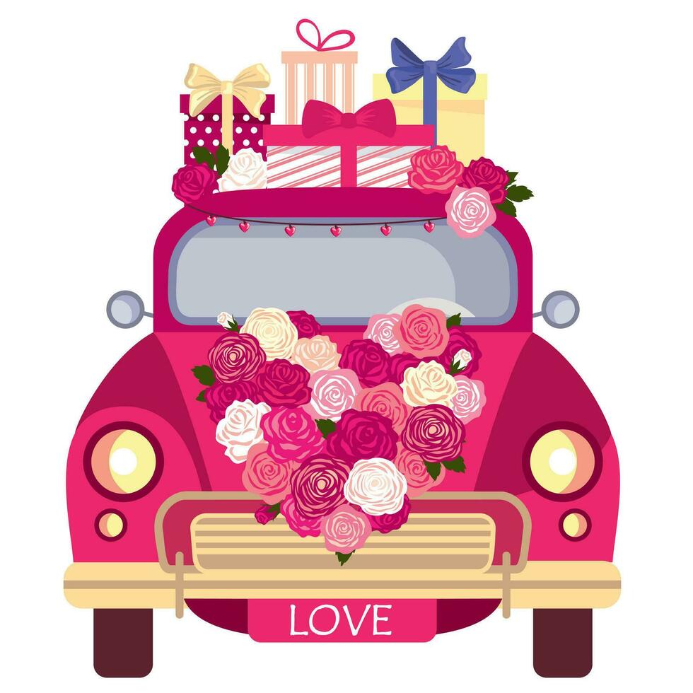 een rood auto met bloemen en geschenk dozen. romantisch auto voorkant versierd met rozen voor Valentijnsdag dag. geïllustreerd vector clip art.