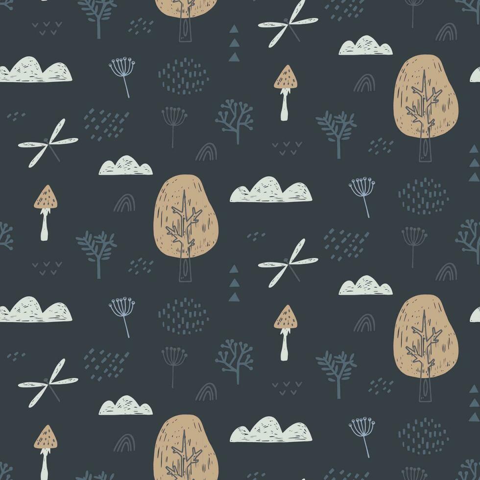 naadloos patroon met libel, wolken, bomen. hand- getrokken Woud patroon is eindeloos herhalen. kan worden gebruikt voor kinderen, dekt, stoffen, achtergronden, huis decor. vector illustratie