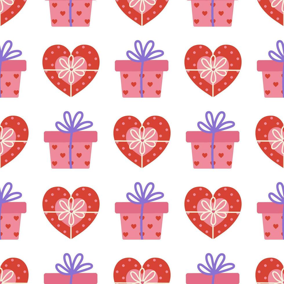 geschenk doos naadloos vector patroon. vakantie containers in de vorm van hart, vierkant. romantisch Cadeau met polka stippen, lint, boog. rood en roze schattig verrassingen. achtergrond voor valentijnsdag dag, liefde datum