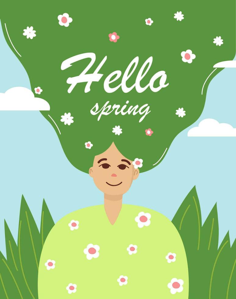 Hallo de lente. voorjaar meisje met lang groen haar. ansichtkaart en een banier voor de lente. blauw spandoek. vruchtbaar land- vector