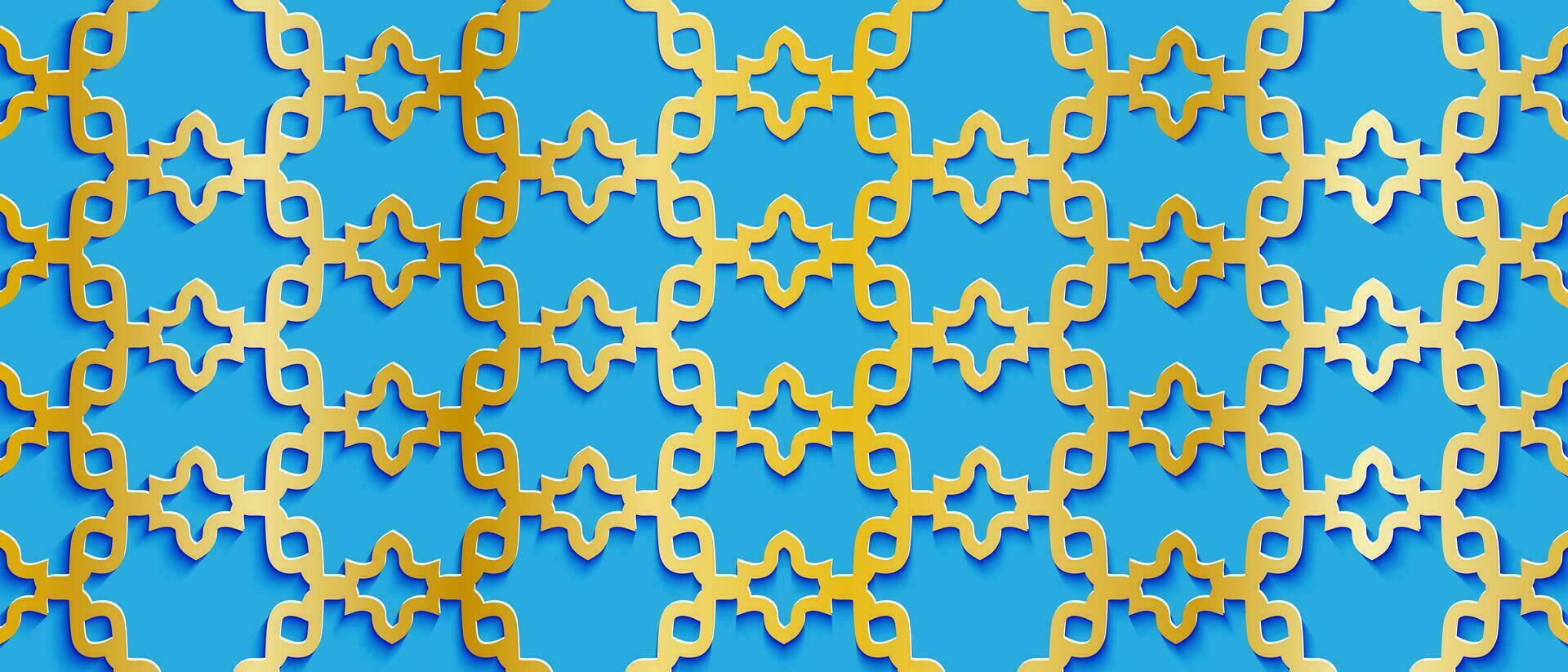 achtergrond met Arabisch rijk patroon. structuur van gouden Islamitisch ornament met schaduw Aan een blauw achtergrond. vector illustratie.