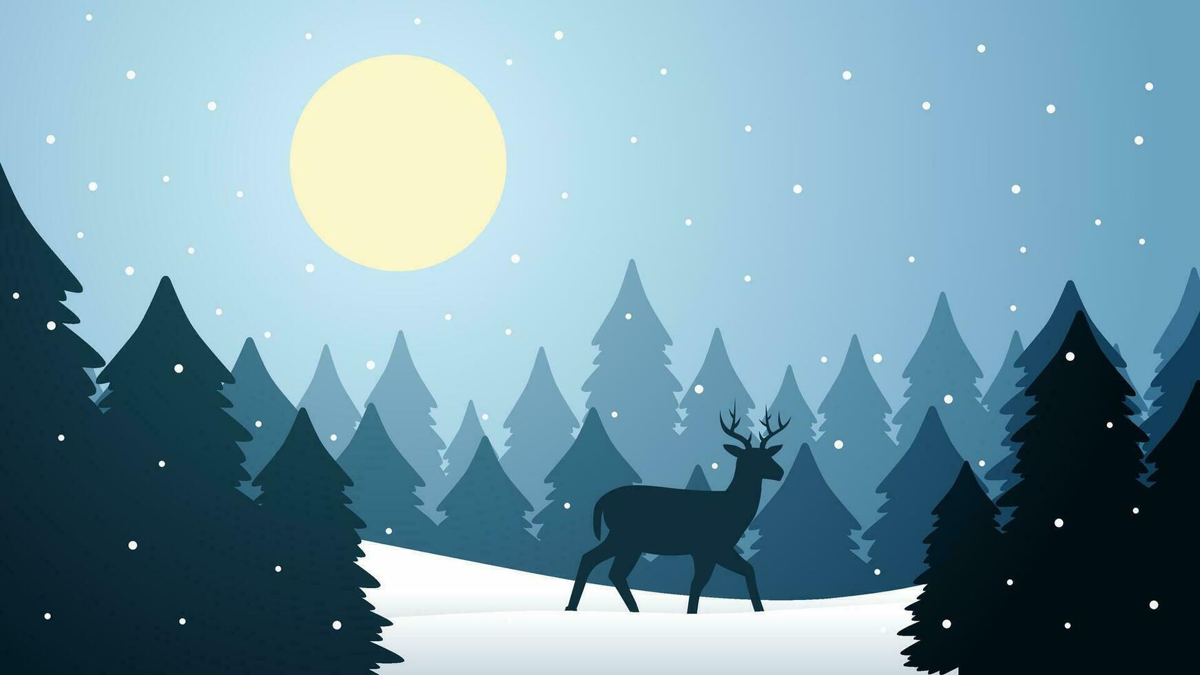 winter dieren in het wild landschap vector illustratie. silhouet van hert Bij pijnboom Woud in winter nacht. verkoudheid seizoen dieren in het wild landschap voor illustratie, achtergrond of behang