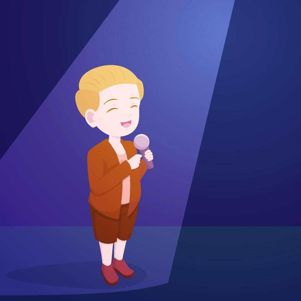 kleine jongen kind kind staande microfoon spotlight podium vector cartoon