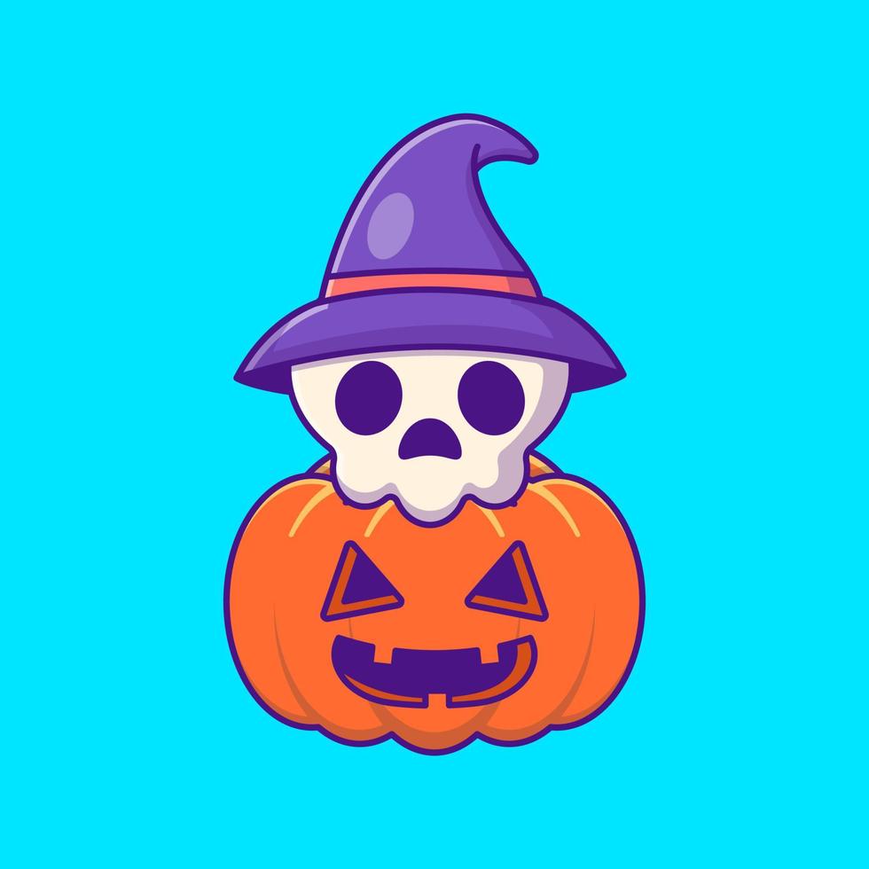 leuke schedel en pompoen happy halloween met cartoonillustraties vector