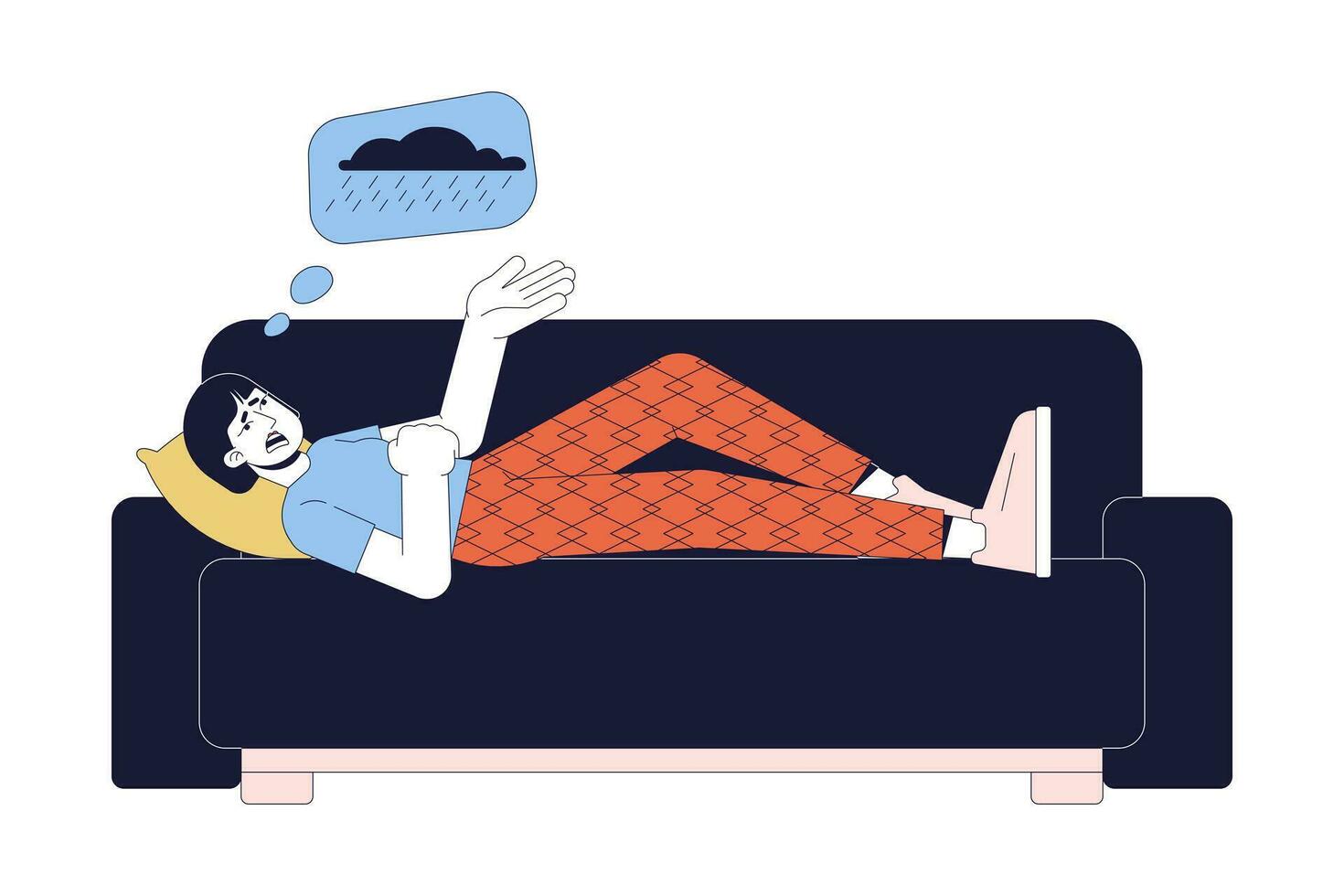 depressief vrouw geduldig aan het liegen Aan sofa 2d lineair tekenfilm karakter. winter blues verdrietig Aziatisch vrouw geïsoleerd lijn vector persoon wit achtergrond. seizoensgebonden depressie kleur vlak plek illustratie