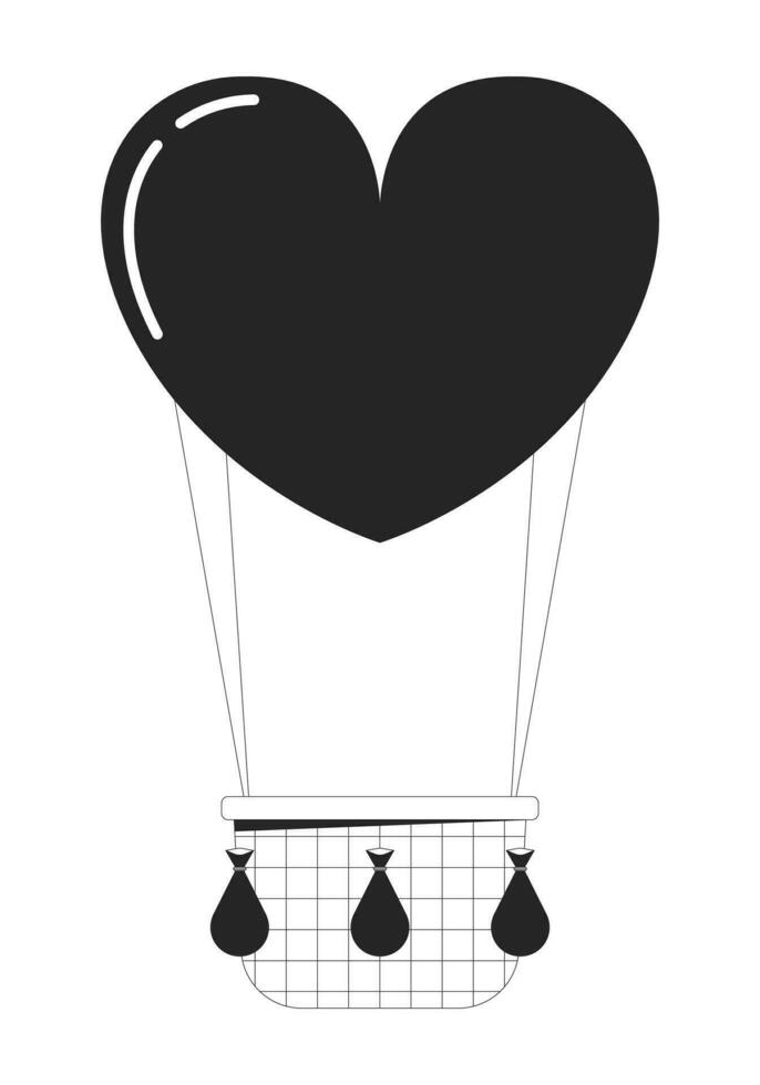 drijvend heet lucht ballon zwart en wit 2d lijn tekenfilm voorwerp. festival ballonvaren geïsoleerd vector schets item. romantisch hartvormig ballon vervoer monochromatisch vlak plek illustratie