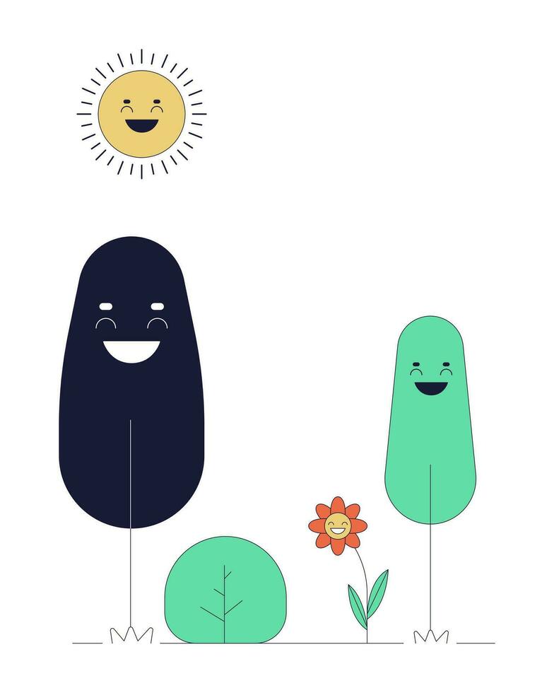 planten genieten van zonnig dag lijn tekenfilm vlak illustratie. glimlachen bomen bloem onder zonneschijn 2d lijn kunst fee personages geïsoleerd Aan wit achtergrond. zon liefhebbend planten tafereel vector kleur beeld