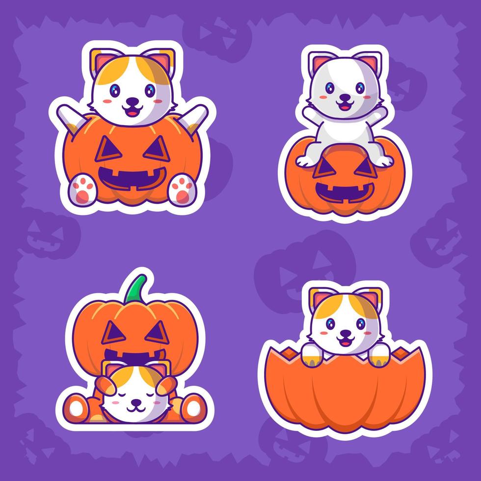 schattige kat en pompoen happy halloween stickers pack vector