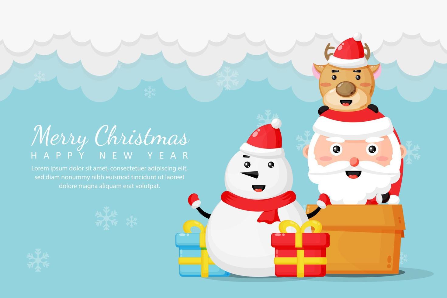 prettige kerstdagen en gelukkig nieuwjaar wenskaart met schattige sneeuwpop en kerstman vector