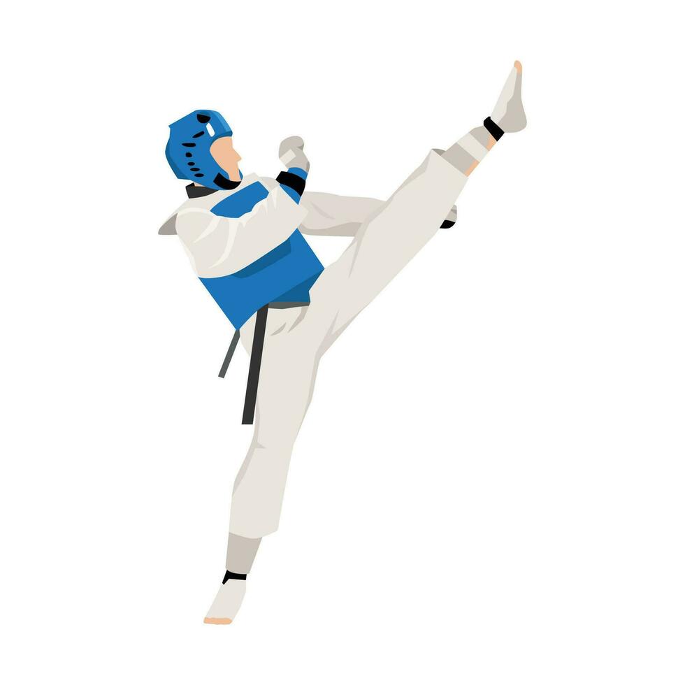een jong atleet in een blauw hesje en een beschermend helm Aan zijn hoofd maakt een trap in de krijgshaftig kunsten van taekwondo. vector