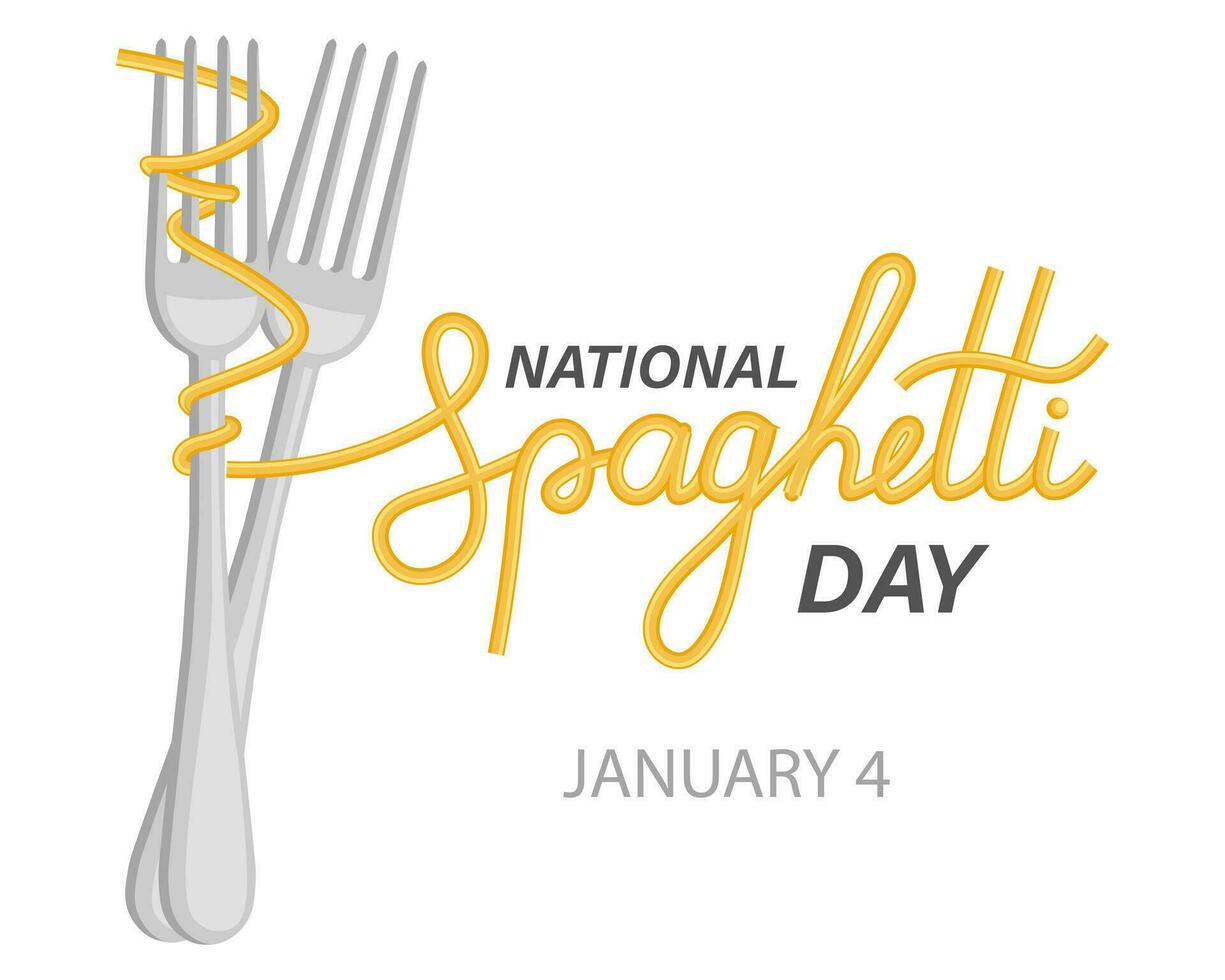 nationaal spaghetti dag. belettering spaghetti, pasta Aan een vork. ansichtkaart, banier, poster, vector