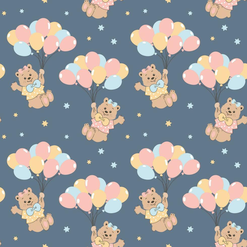 naadloos patroon, schattig tekenfilm bears vliegend Aan ballonnen in de lucht met sterren. baby douche achtergrond, afdrukken, vector