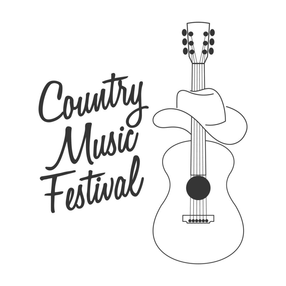 land muziek- festival belettering en silhouet van akoestisch gitaar en cowboy hoed. muziek- poster, zwart en wit illustratie, vector
