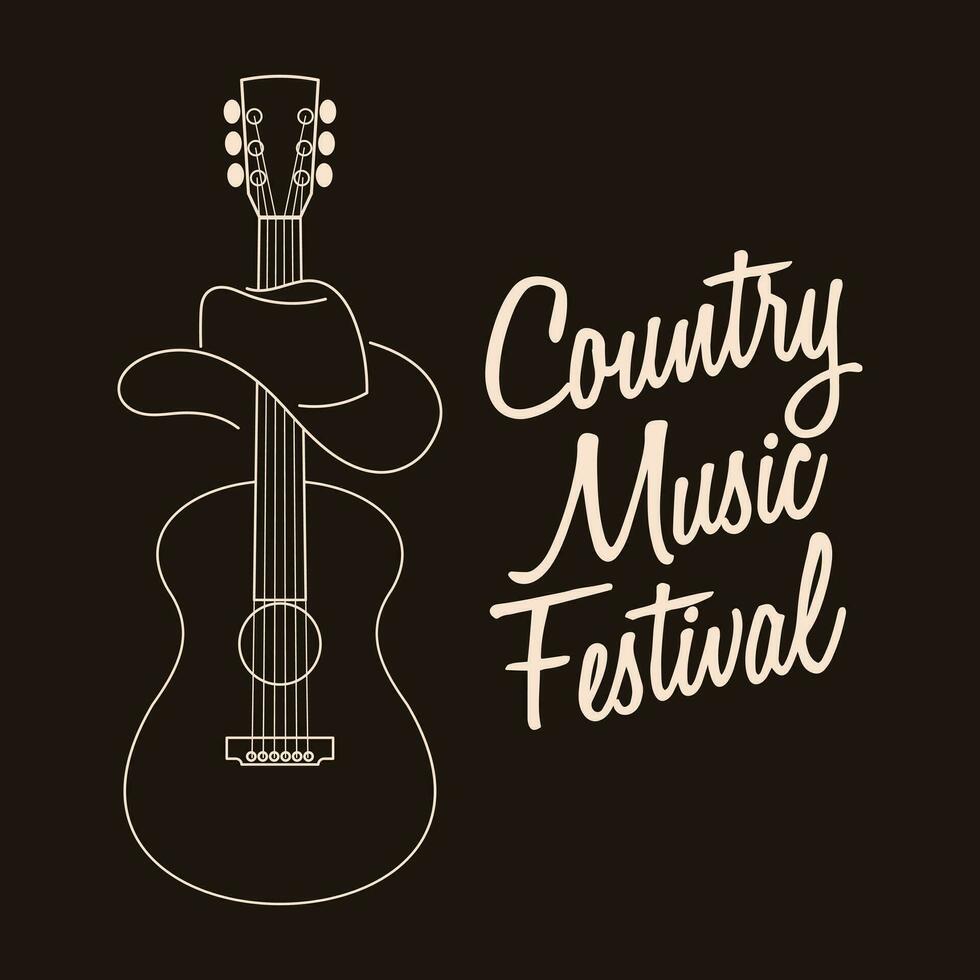 land muziek- festival belettering en silhouet van akoestisch gitaar en cowboy hoed. muziek- poster, zwart en wit illustratie, vector