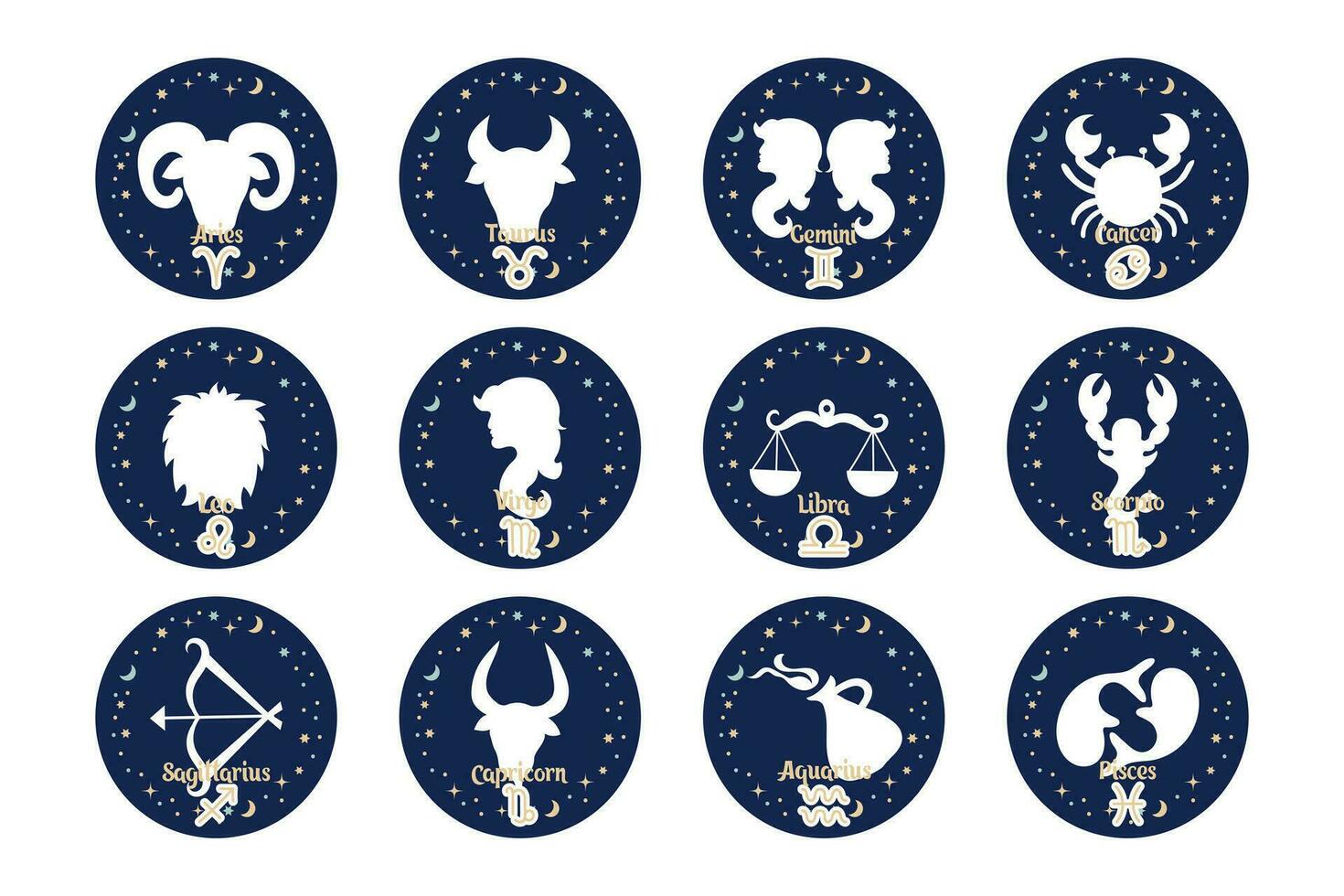 reeks van astrologie dierenriem tekens, mystiek ronde pictogrammen. esoterisch symbolen voor logo of insignes, vector