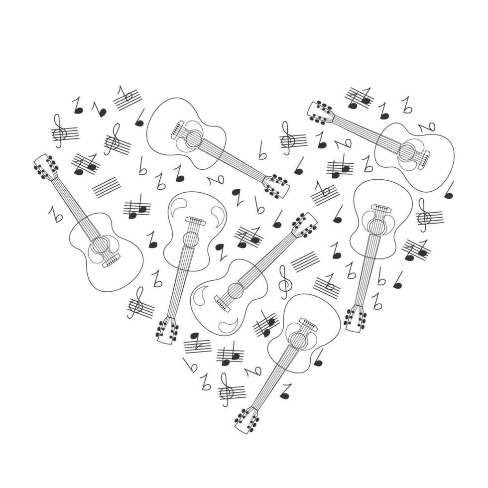 musical hart gemaakt van akoestisch gitaren, treble sleutel en muziek- notities. schetsen, illustratie, vector
