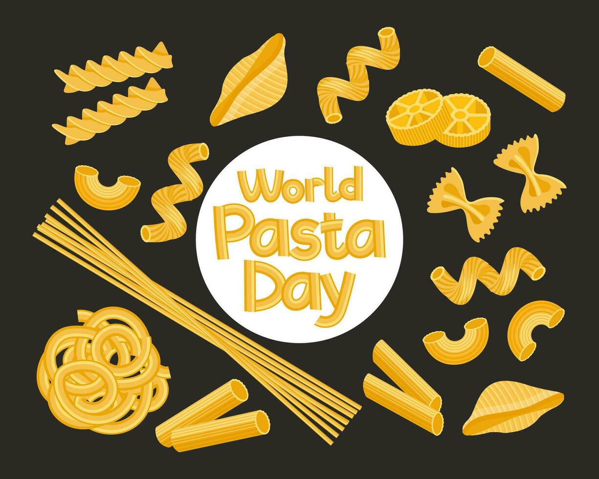 wereld pasta dag. felicitatie- tekst gemaakt van pasta Aan een achtergrond van verschillend types van Italiaans pasta. poster, vector