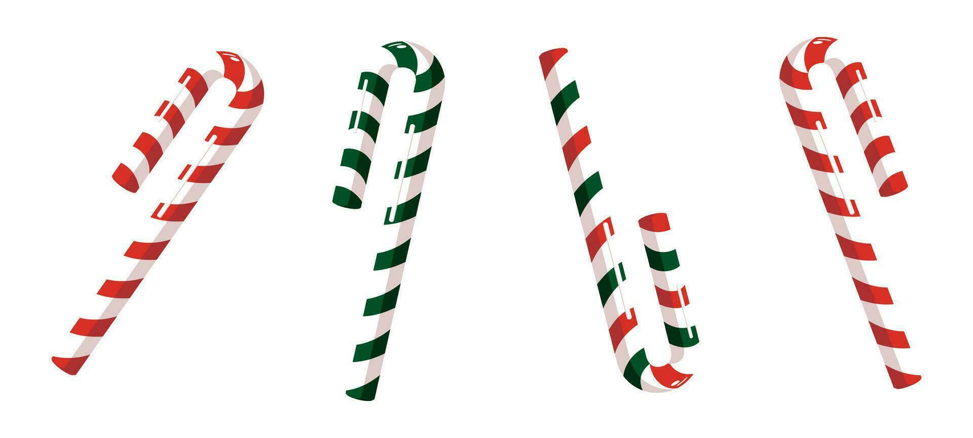 zoet snoep van een Kerstmis snoep riet in rood en wit en groen strepen. een leeg Kerstmis en nieuw jaar sjabloon. vector tekenfilm illustratie geïsoleerd Aan een wit achtergrond.