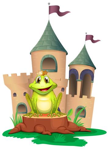 Een kikker zit aan het bos met een kasteel aan de achterkant vector