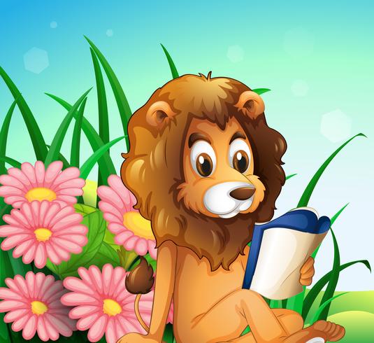 Een leeuw die een boek leest in de tuin vector