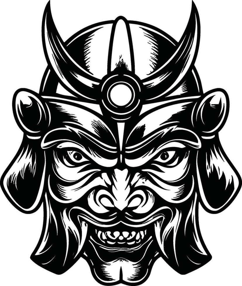 traditioneel Japans krijger masker uitdrukking demonische gezicht zwart en wit vector Japans glyph soldaat