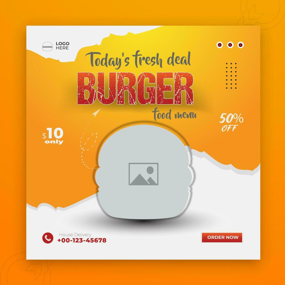heerlijk hamburger en voedsel menu sociaal media post ontwerp met oranje kleur vorm en wit achtergrond vector