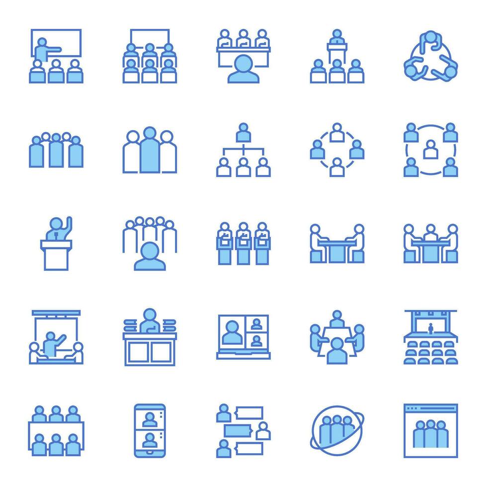 25 forum en klasse pictogrammen in blauw vullen lijn stijl, inclusief discussie, groep, werkruimte, organisatie, klas, bedrijf en meer. vector